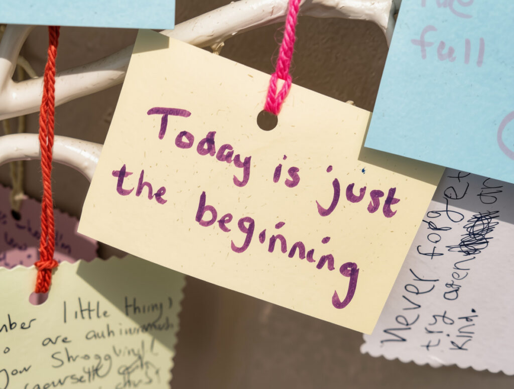 Message card reads 'today is just the beginning'